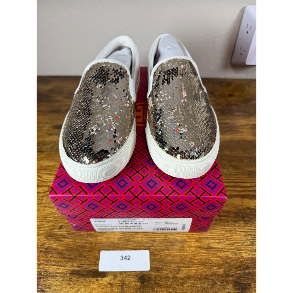 Tory Burch Carter Slip On Sneaker Reversible Sequin Gold White 46929 Womens 7